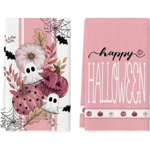 Artoid Mode Pink Ghost Polka Dot Pumpkin Happy Halloween Kitchen Towels Dish Towels, 18×26 Inch Farmhouse Flower Bat Decoration Hand Towels Set of 2(Pink)