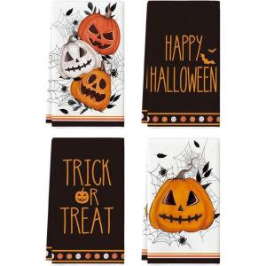 Artoid Mode Pumpkin Happy Halloween Kitchen Towels Dish Towels, 18×26 Inch Trick Or Treat Jack-O’-Lantern Decoration Hand Towels Set of 4