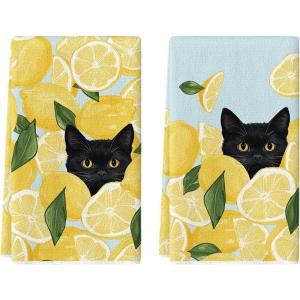 Artoid Mode Yellow Lemon Black Cat Summer Kitchen Towels Dish Towels, 18×26 Inch Leaves Farmhouse Summer Seasonal Decoration Hand Towels Set of 2