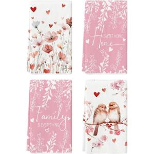 Artoid Mode Floral Magpie Love Valentine’s Day Kitchen Towels Dish Towels, 18×26 Inch Wedding Farmhouse Decoration Hand Towels Set of 4