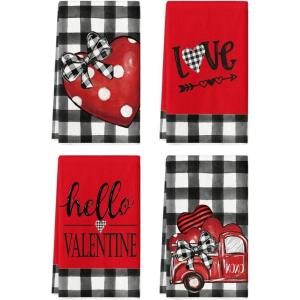 Artoid Mode Polka Dot Heart Love Truck Valentine’s Day Kitchen Towels Dish Towels, 18×26 Inch Anniversary Farmhouse Decoration Hand Towels Set of 4