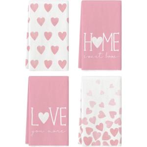 Artoid Mode Red Heart Love Valentine’s Kitchen Towels Dish Towels, 18×26 Inch Farmhouse Anniversary Wedding Decoration Hand Towels Set of 4(Pink)