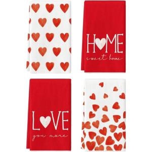 Artoid Mode Red Heart Love Valentine’s Kitchen Towels Dish Towels, 18×26 Inch Farmhouse Anniversary Wedding Decoration Hand Towels Set of 4(Red)