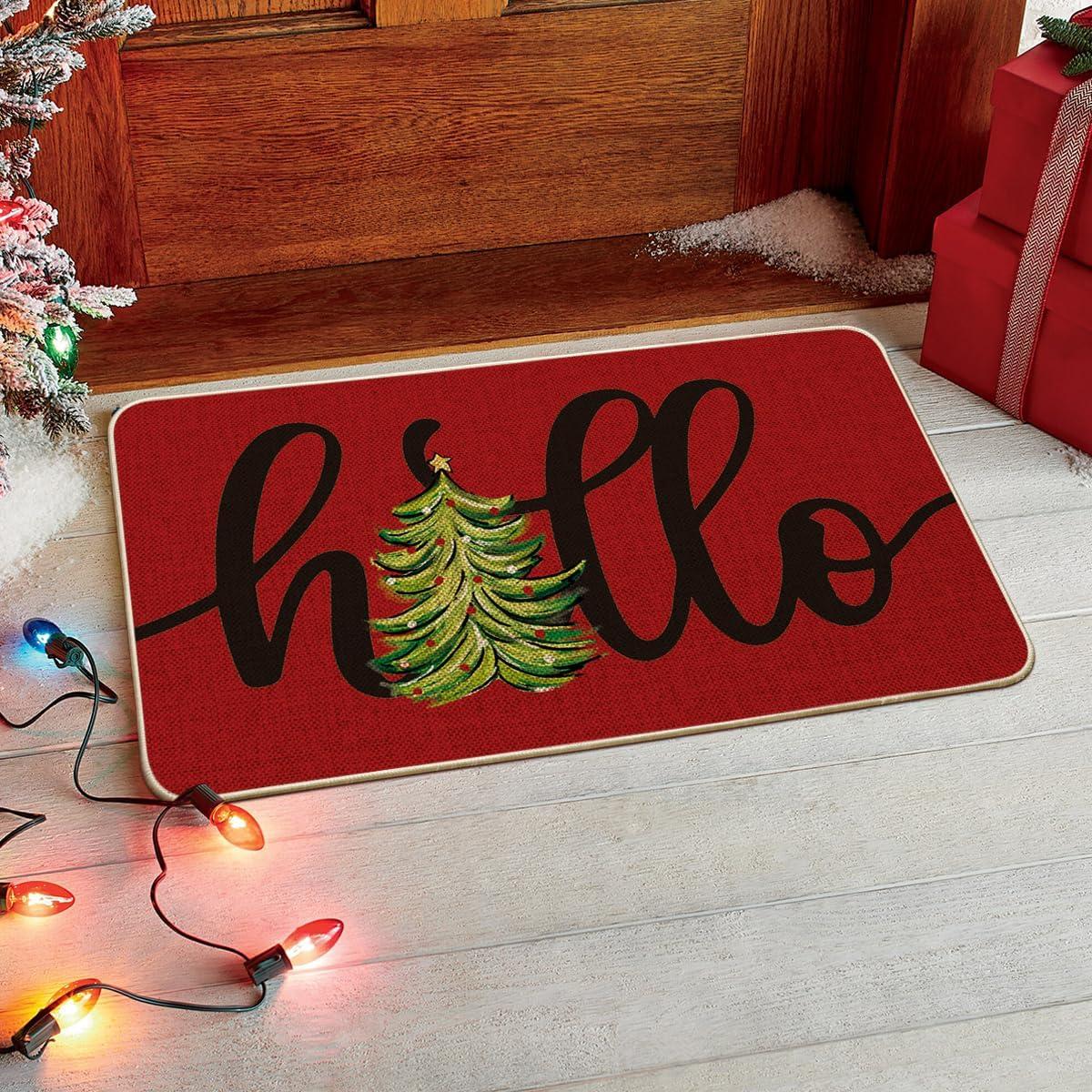 imageArtoid Mode Black Hello Xmas Tree Christmas Doormat Winter LowProfile Switch Rug Home Decor Door Mat Floor Mat for Outdoor Indoor 17x29 InchRed