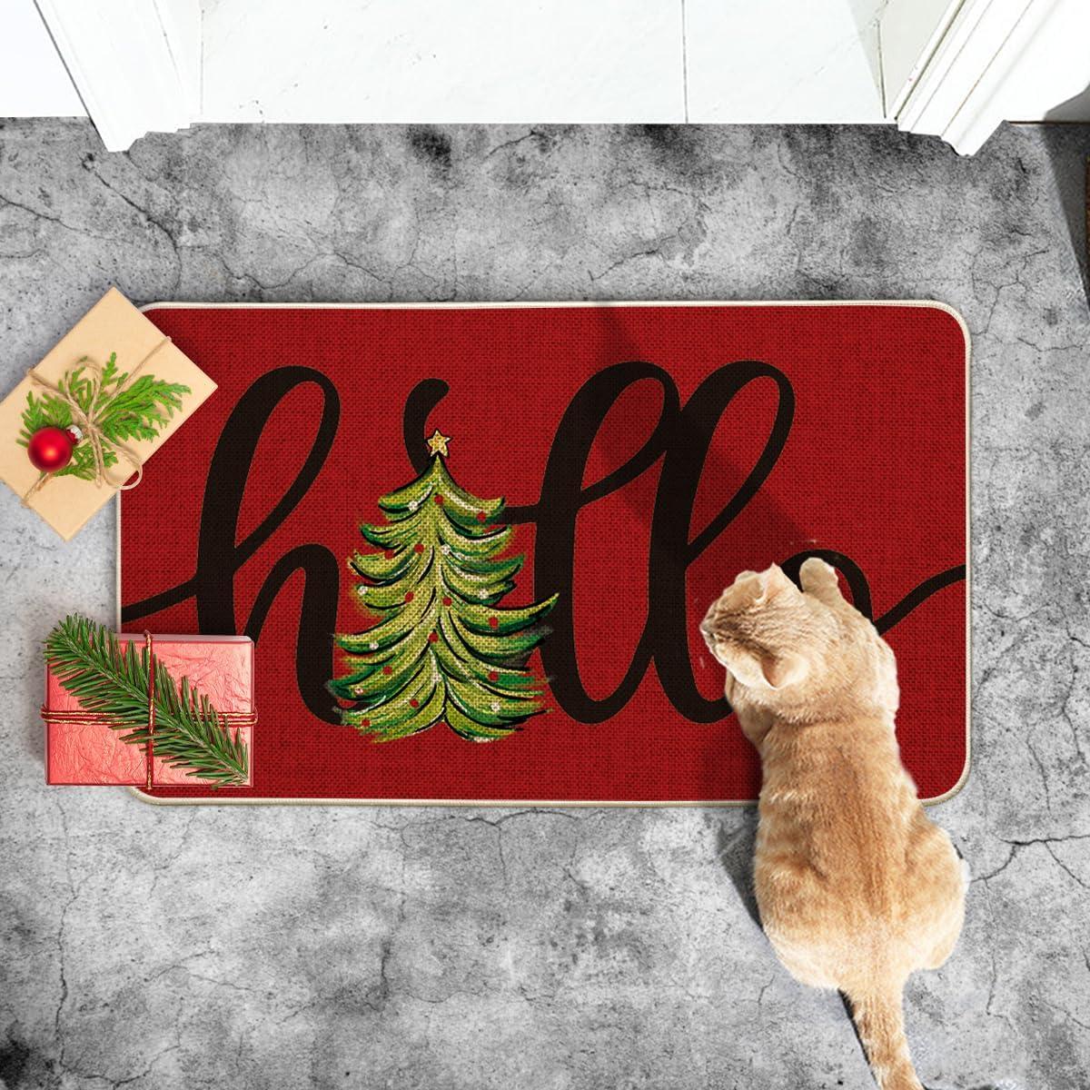 imageArtoid Mode Black Hello Xmas Tree Christmas Doormat Winter LowProfile Switch Rug Home Decor Door Mat Floor Mat for Outdoor Indoor 17x29 InchRed