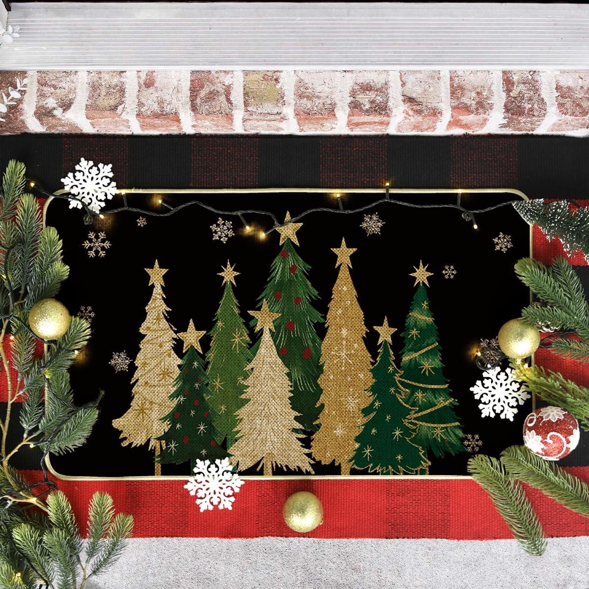 imageArtoid Mode Black Snowflakes Xmas Trees Christmas Doormat Winter LowProfile Switch Rug Home Decor Door Mat Floor Mat for Outdoor Indoor 17x29 InchBlack