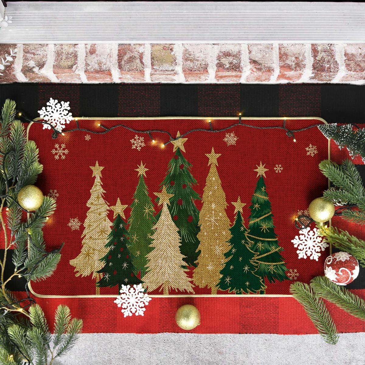 imageArtoid Mode Black Snowflakes Xmas Trees Christmas Doormat Winter LowProfile Switch Rug Home Decor Door Mat Floor Mat for Outdoor Indoor 17x29 InchRed