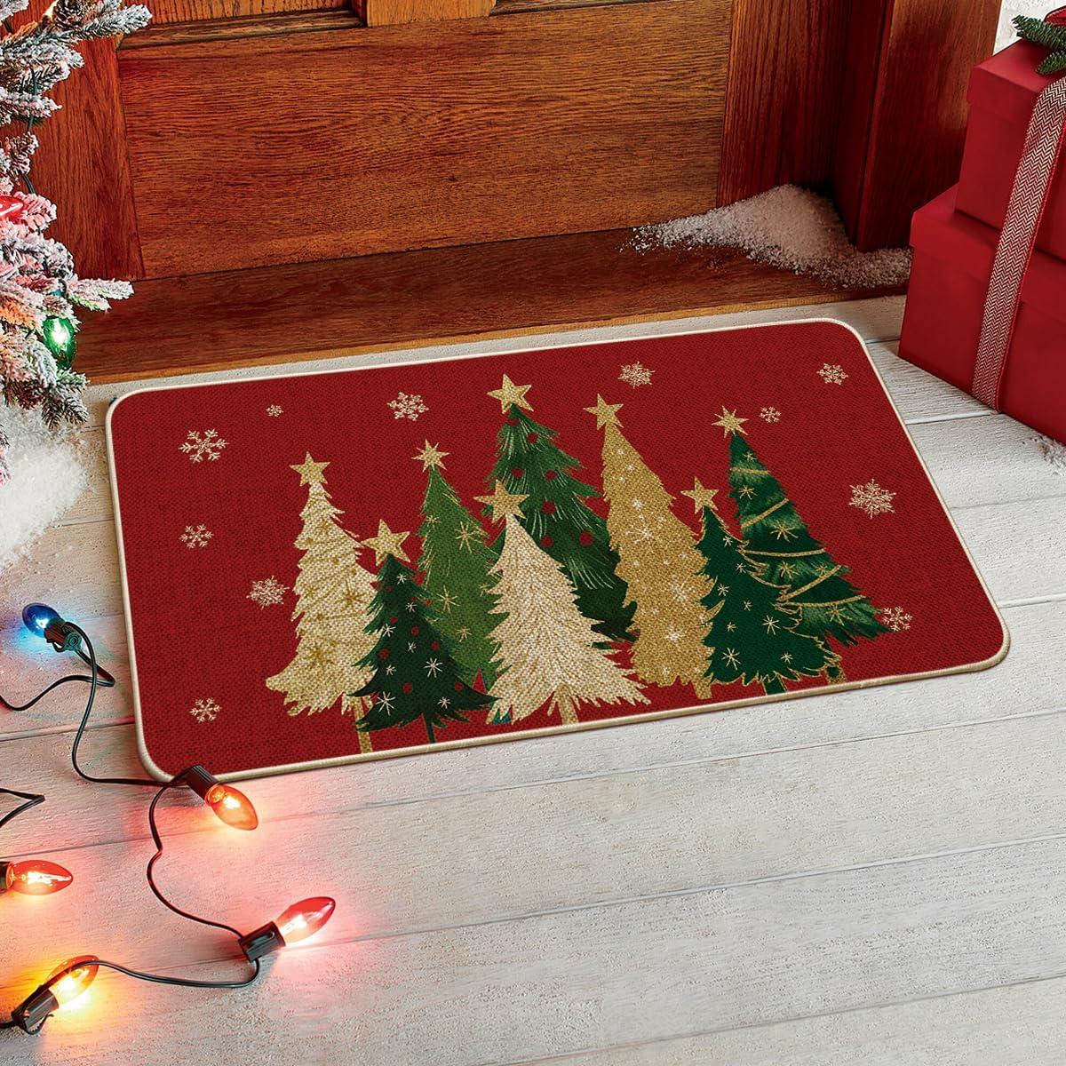 imageArtoid Mode Black Snowflakes Xmas Trees Christmas Doormat Winter LowProfile Switch Rug Home Decor Door Mat Floor Mat for Outdoor Indoor 17x29 InchRed