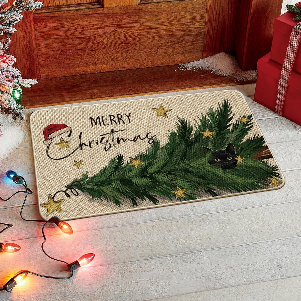 imageArtoid Mode Cute Cat in Tree Merry Christmas Doormat Winter LowProfile Switch Rug Home Decor Door Mat Floor Mat for Outdoor Indoor 17x29 Inch