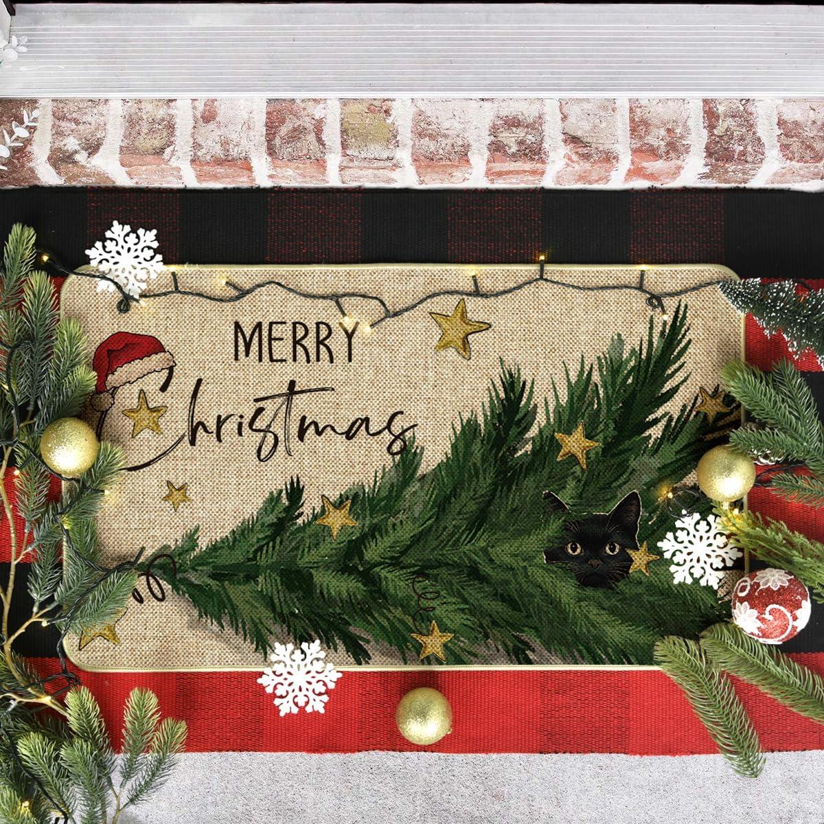 imageArtoid Mode Cute Cat in Tree Merry Christmas Doormat Winter LowProfile Switch Rug Home Decor Door Mat Floor Mat for Outdoor Indoor 17x29 Inch