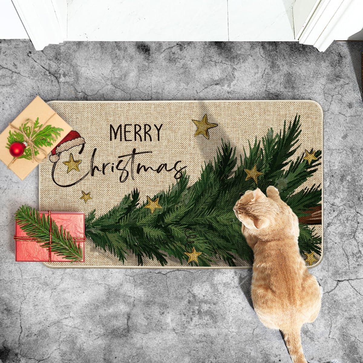 imageArtoid Mode Cute Cat in Tree Merry Christmas Doormat Winter LowProfile Switch Rug Home Decor Door Mat Floor Mat for Outdoor Indoor 17x29 Inch