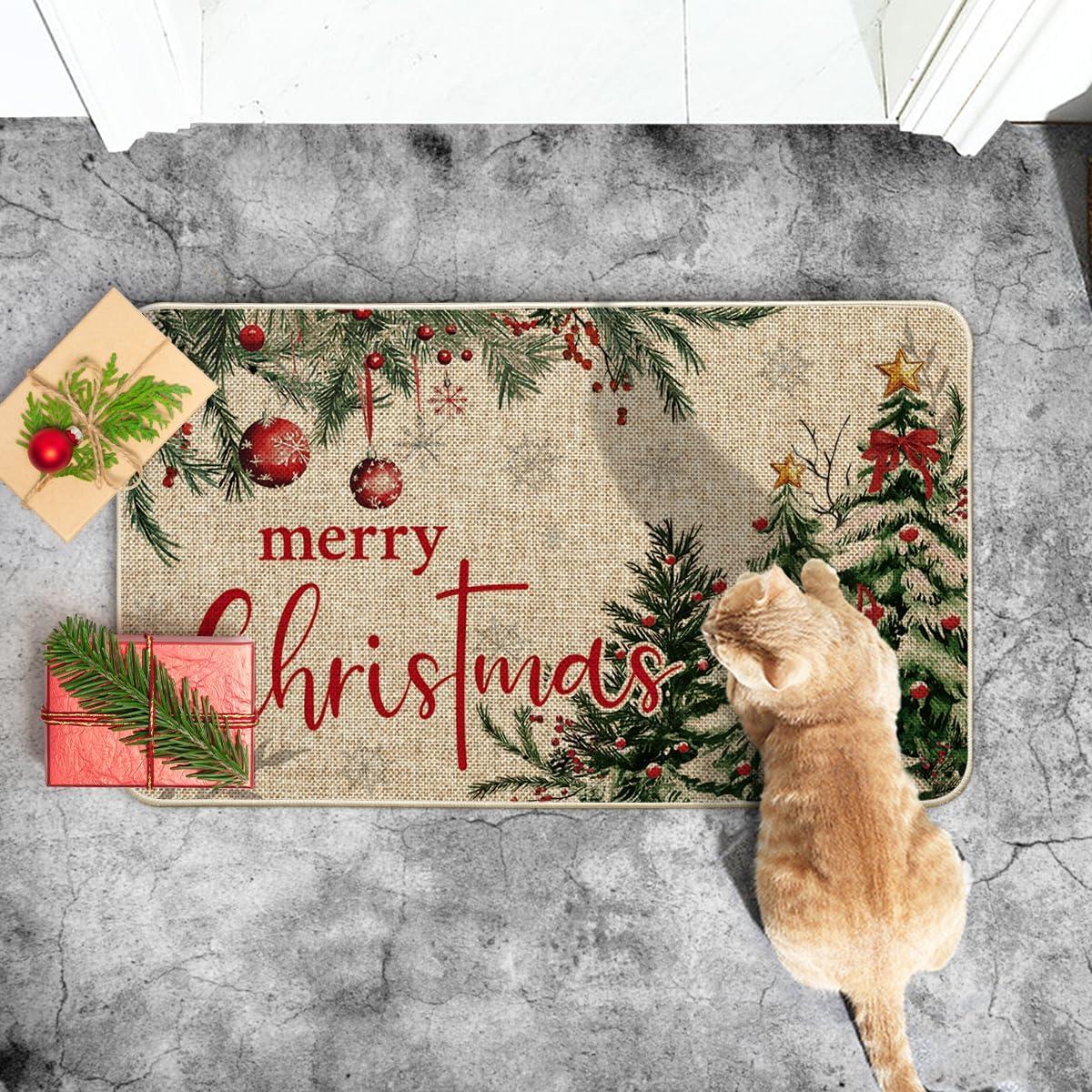 imageArtoid Mode Holly Tree Ornament Merry Christmas Doormat Winter LowProfile Switch Rug Home Decor Door Mat Floor Mat for Outdoor Indoor 17x29 Inch