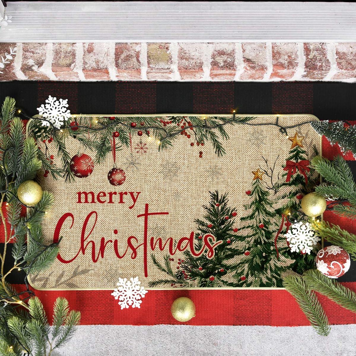 imageArtoid Mode Holly Tree Ornament Merry Christmas Doormat Winter LowProfile Switch Rug Home Decor Door Mat Floor Mat for Outdoor Indoor 17x29 Inch
