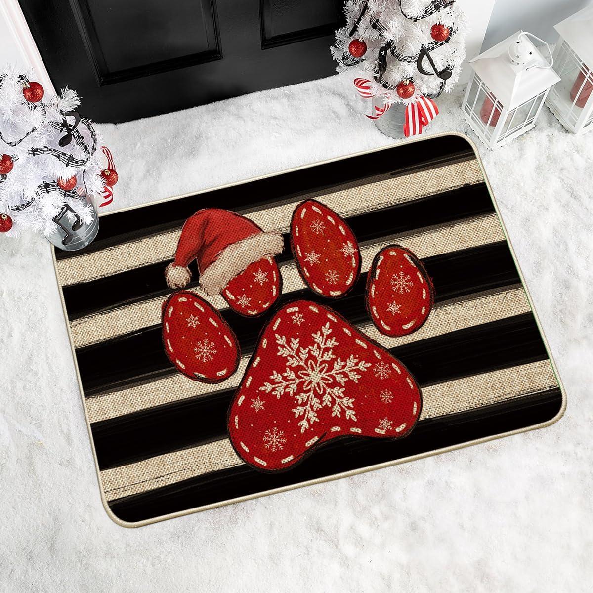 imageArtoid Mode Paw Print Hat Christmas Doormat Winter Xmas Home Decor LowProfile Switch Rug Door Mat Floor Mat for Indoor Outdoor 17x29 InchBeige