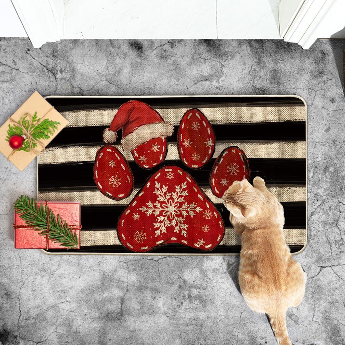 imageArtoid Mode Paw Print Hat Christmas Doormat Winter Xmas Home Decor LowProfile Switch Rug Door Mat Floor Mat for Indoor Outdoor 17x29 InchRed