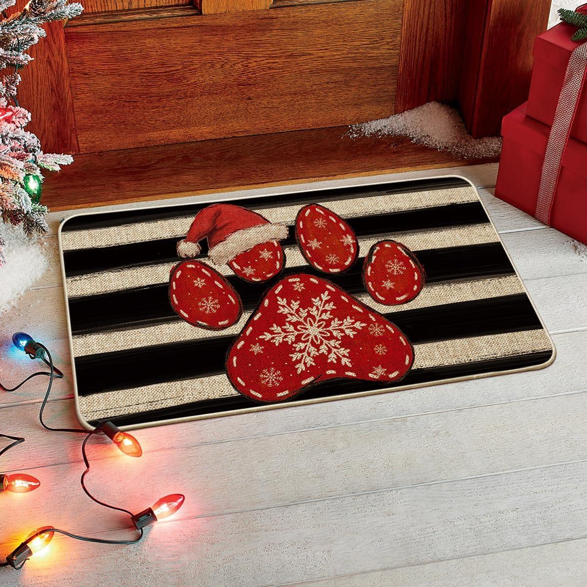 imageArtoid Mode Paw Print Hat Christmas Doormat Winter Xmas Home Decor LowProfile Switch Rug Door Mat Floor Mat for Indoor Outdoor 17x29 InchRed