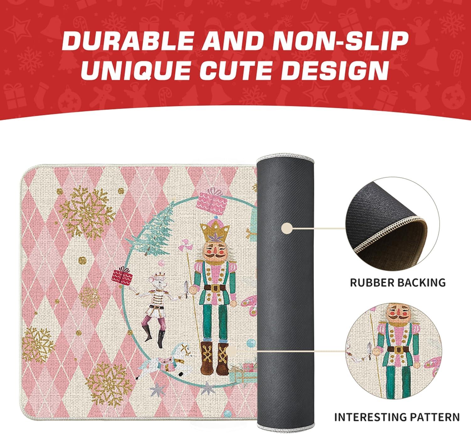 imageArtoid Mode Pink Diamond Plaid Nutcracker Christmas Doormat Winter Home Decor LowProfile Door Mat Floor Mat 17x29 InchPink