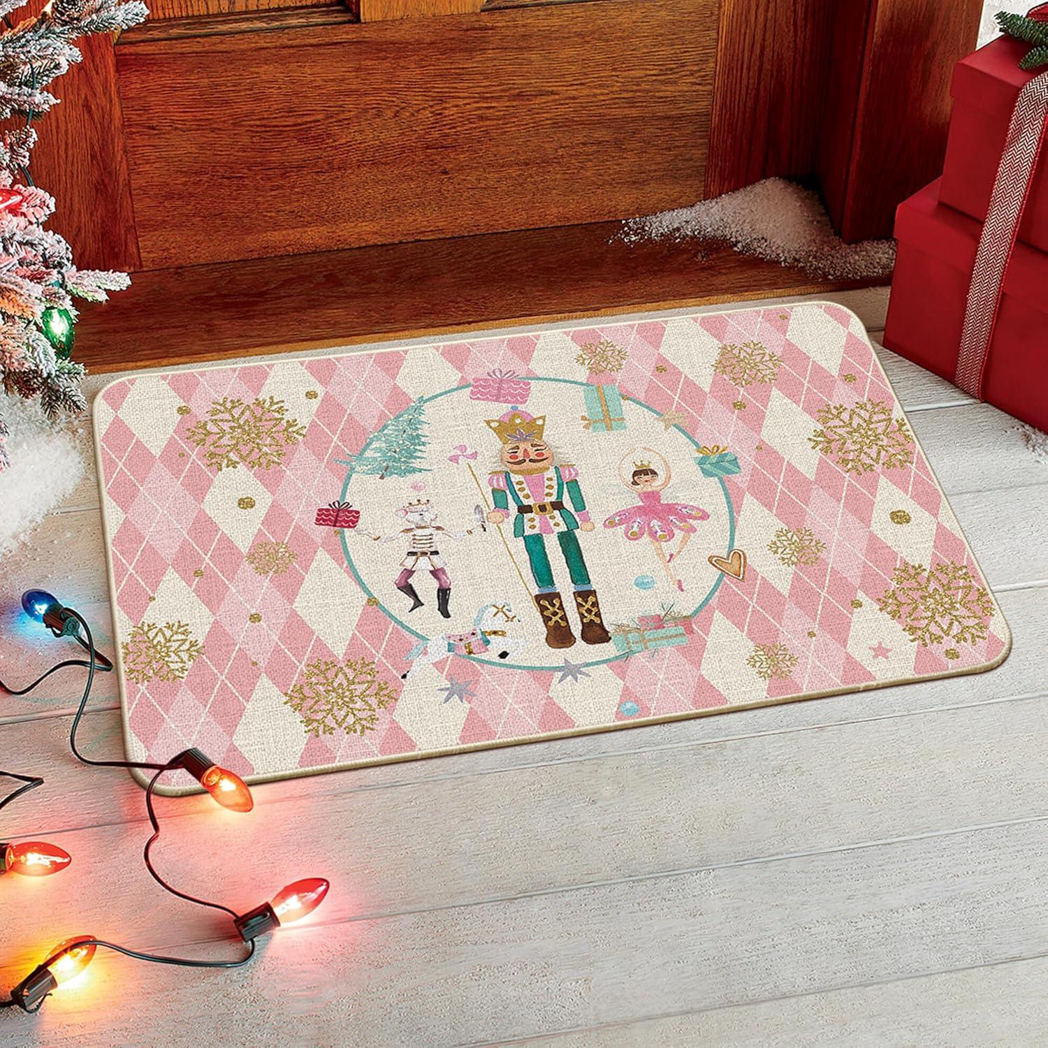 imageArtoid Mode Pink Diamond Plaid Nutcracker Christmas Doormat Winter Home Decor LowProfile Door Mat Floor Mat 17x29 InchPink