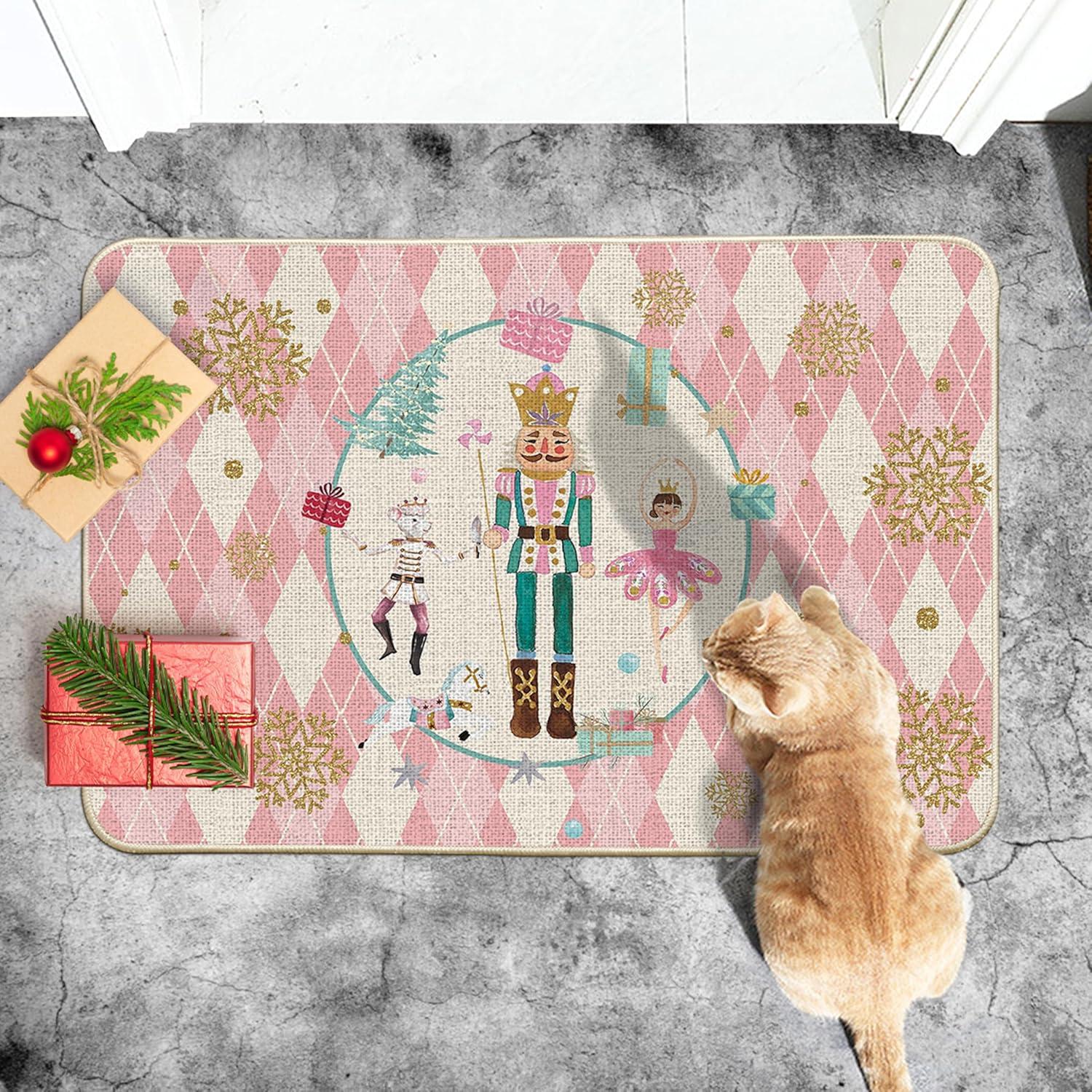 imageArtoid Mode Pink Diamond Plaid Nutcracker Christmas Doormat Winter Home Decor LowProfile Door Mat Floor Mat 17x29 InchPink