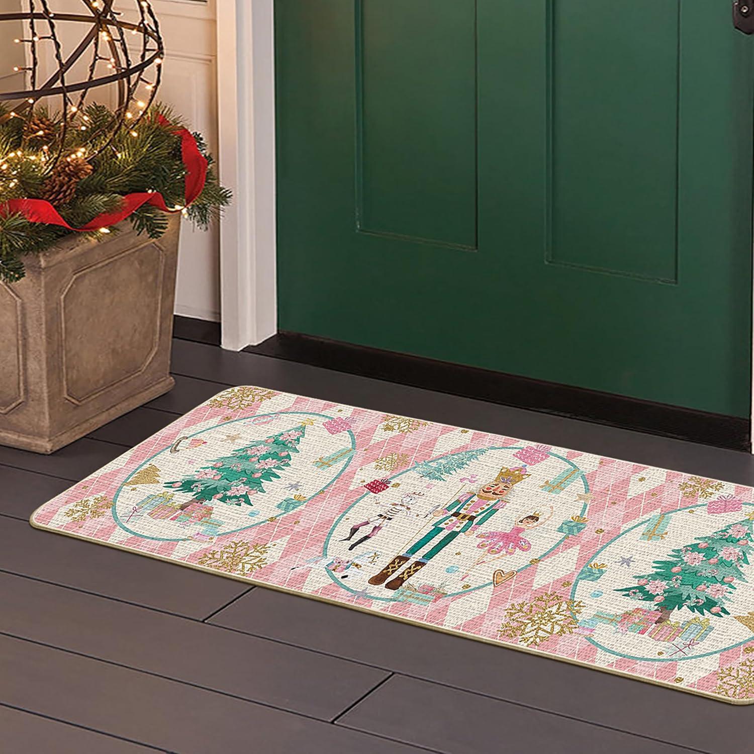 imageArtoid Mode Pink Diamond Plaid Nutcracker Christmas Doormat Winter Home Decor LowProfile Door Mat Floor Mat 17x29 InchPink
