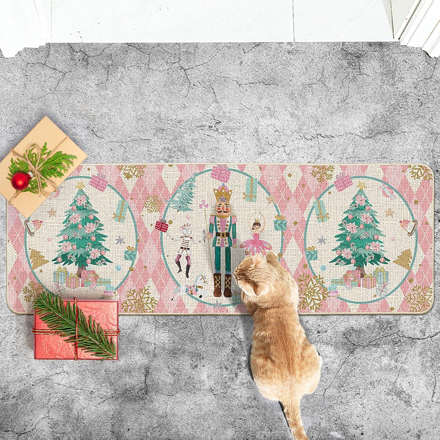 imageArtoid Mode Pink Diamond Plaid Nutcracker Christmas Doormat Winter Home Decor LowProfile Door Mat Floor Mat 17x29 InchPink