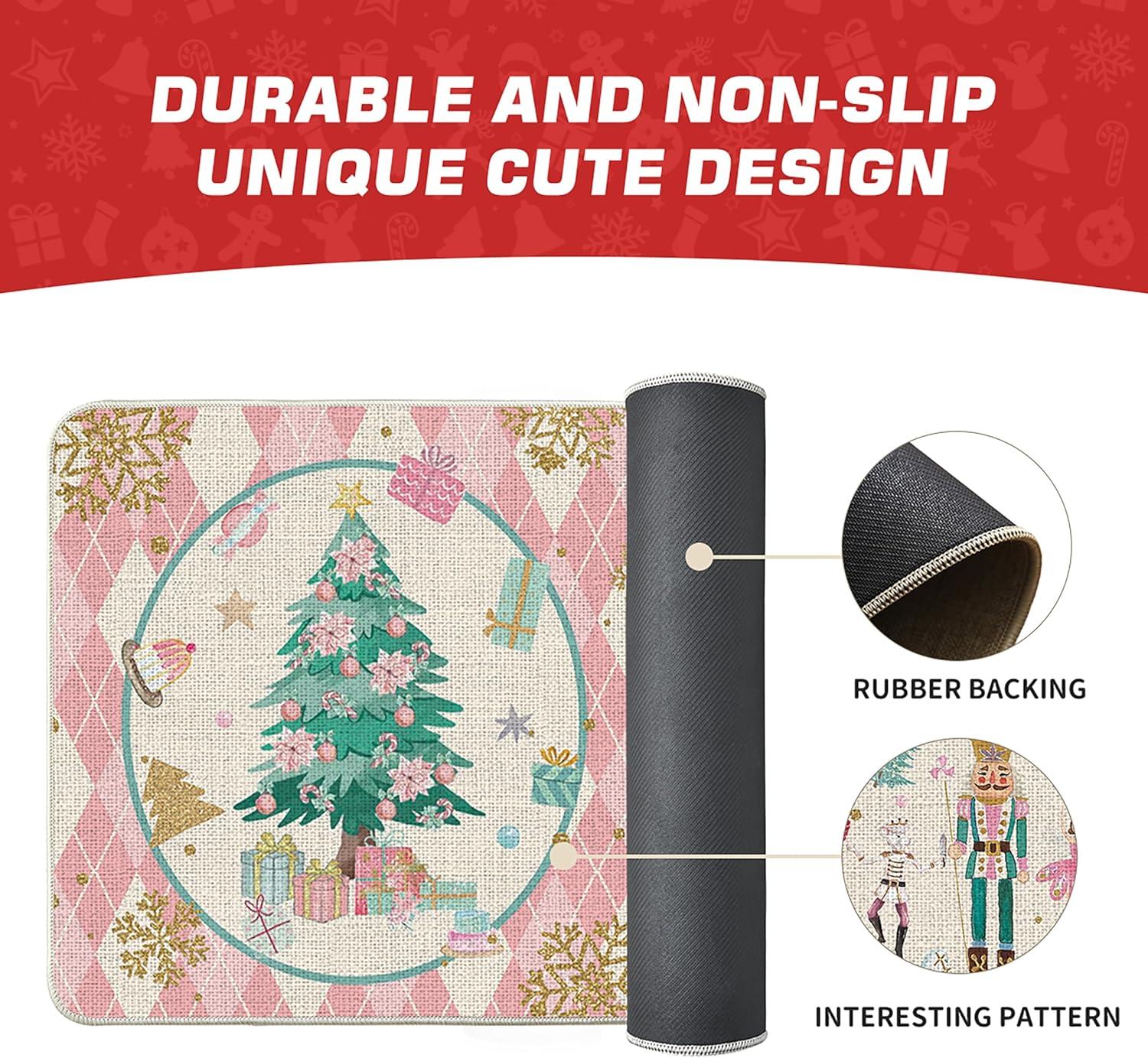 imageArtoid Mode Pink Diamond Plaid Nutcracker Christmas Doormat Winter Home Decor LowProfile Door Mat Floor Mat 17x29 InchPink