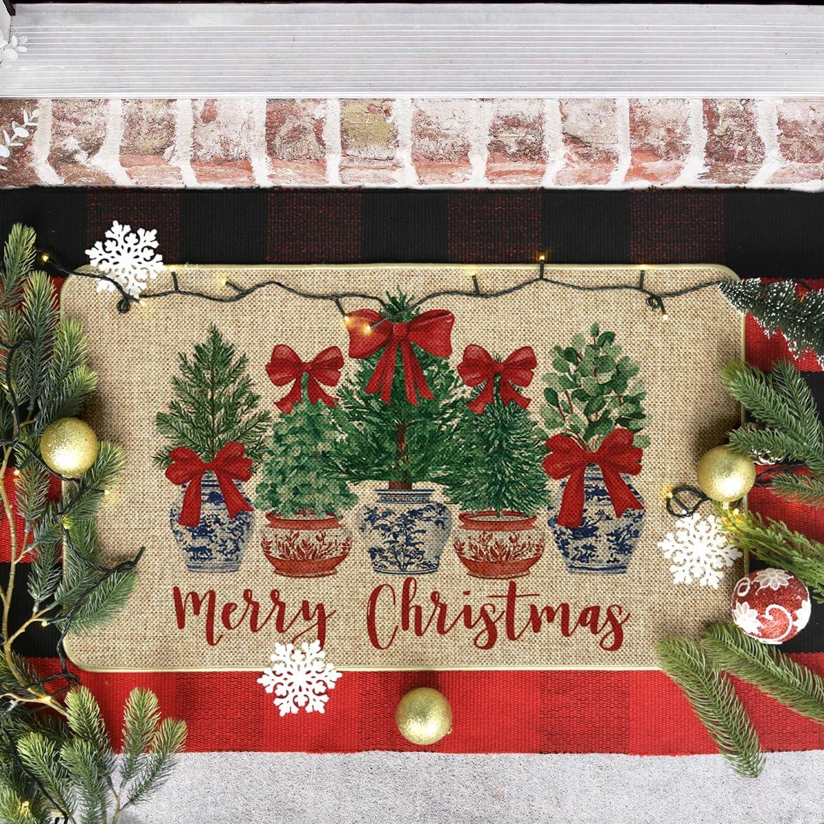 imageArtoid Mode Red Bow Xmas Tree Potted Plant Merry Christmas Doormat Winter LowProfile Switch Rug Home Decor Door Mat Floor Mat for Outdoor Indoor 17x29 Inch