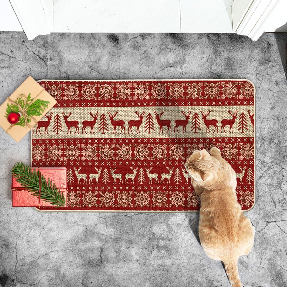 imageArtoid Mode Red Reindeer Fair Isle Christmas Doormat Winter LowProfile Switch Rug Home Decor Door Mat Floor Mat for Outdoor Indoor 17x29 Inch