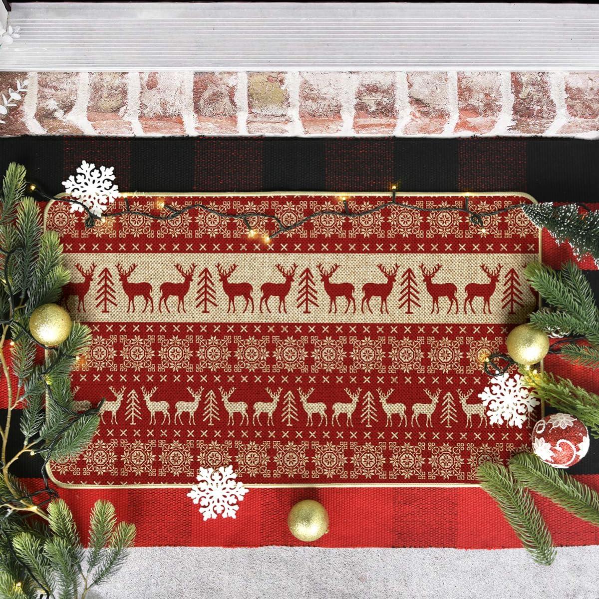 imageArtoid Mode Red Reindeer Fair Isle Christmas Doormat Winter LowProfile Switch Rug Home Decor Door Mat Floor Mat for Outdoor Indoor 17x29 Inch