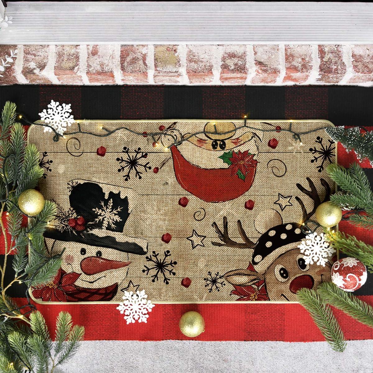imageArtoid Mode Wood Snowman Reindeer Santa Christmas Doormat Winter LowProfile Switch Rug Home Decor Door Mat Floor Mat for Outdoor Indoor 17x29 Inch