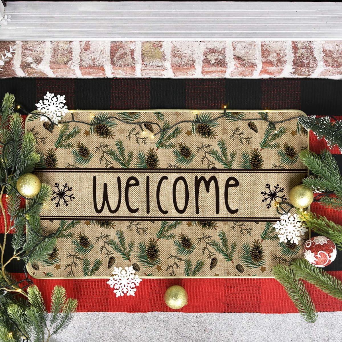 imageArtoid Mode Xmas Pinecone Star Welcome Christmas Doormat Winter LowProfile Switch Rug Home Decor Door Mat Floor Mat for Outdoor Indoor 17x29 Inch