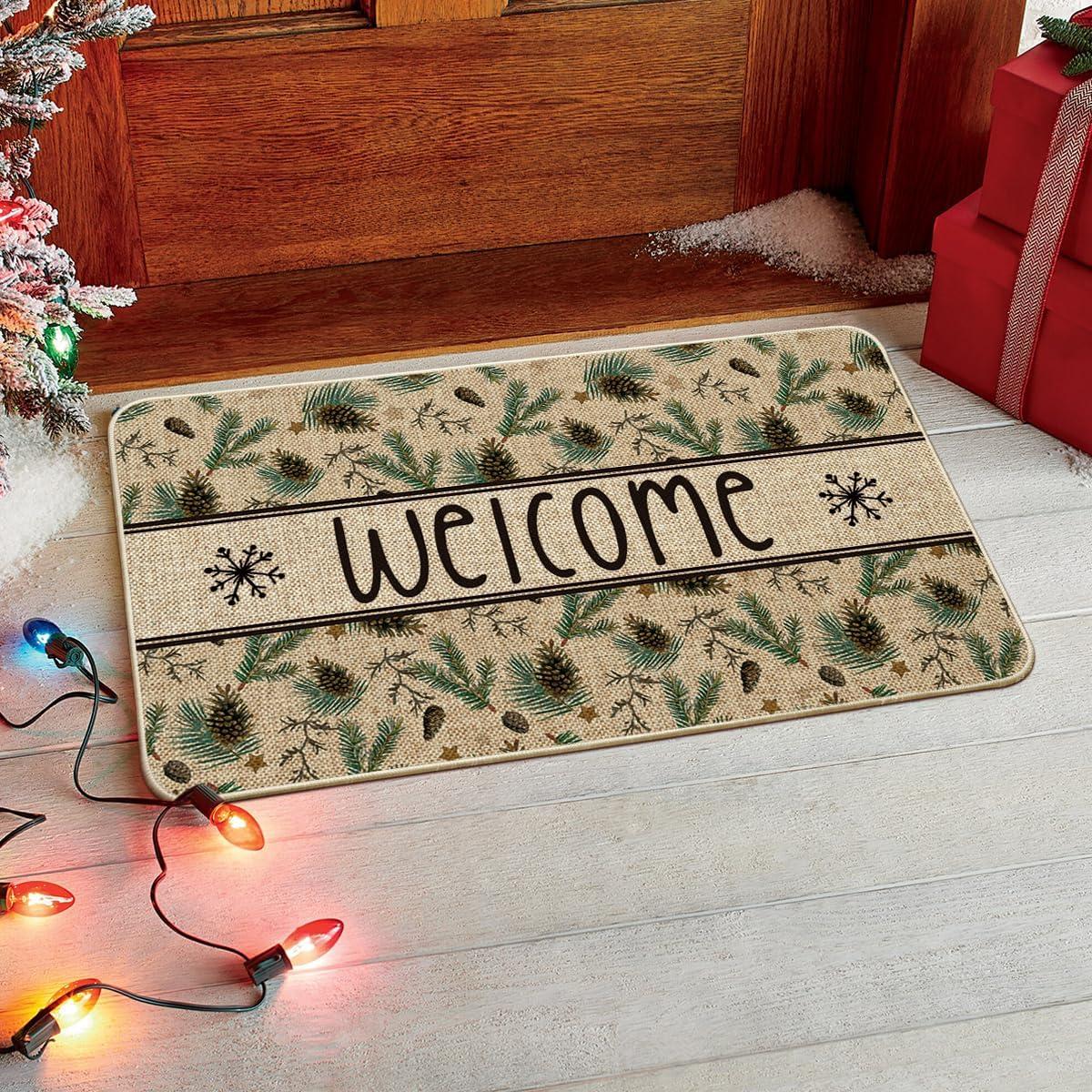 imageArtoid Mode Xmas Pinecone Star Welcome Christmas Doormat Winter LowProfile Switch Rug Home Decor Door Mat Floor Mat for Outdoor Indoor 17x29 Inch