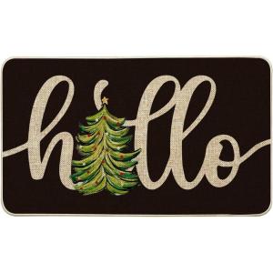 Artoid Mode Black Hello Xmas Tree Christmas Doormat, Winter Low-Profile Switch Rug Home Decor Door Mat Floor Mat for Outdoor Indoor 17×29 Inch(Black)
