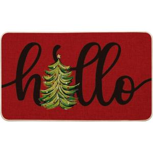 Artoid Mode Black Hello Xmas Tree Christmas Doormat, Winter Low-Profile Switch Rug Home Decor Door Mat Floor Mat for Outdoor Indoor 17×29 Inch(Red)