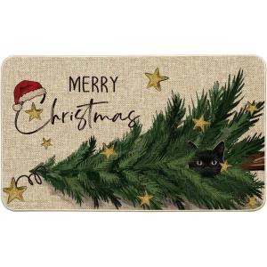 Artoid Mode Cute Cat in Tree Merry Christmas Doormat, Winter Low-Profile Switch Rug Home Decor Door Mat Floor Mat for Outdoor Indoor 17×29 Inch