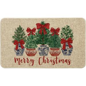 Artoid Mode Red Bow Xmas Tree Potted Plant Merry Christmas Doormat, Winter Low-Profile Switch Rug Home Decor Door Mat Floor Mat for Outdoor Indoor 17×29 Inch