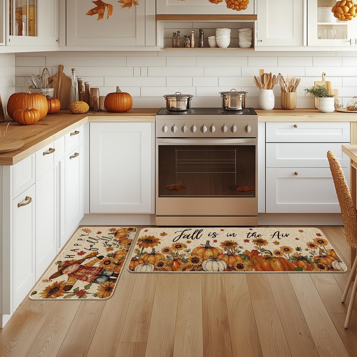 imageArtoid Mode Scarecrow Sunflower Happy Fall Kitchen Mats Set of 2 Autumn Home Decor LowProfile Kitchen Rugs for Floor  17x29 and 17x47 Inch