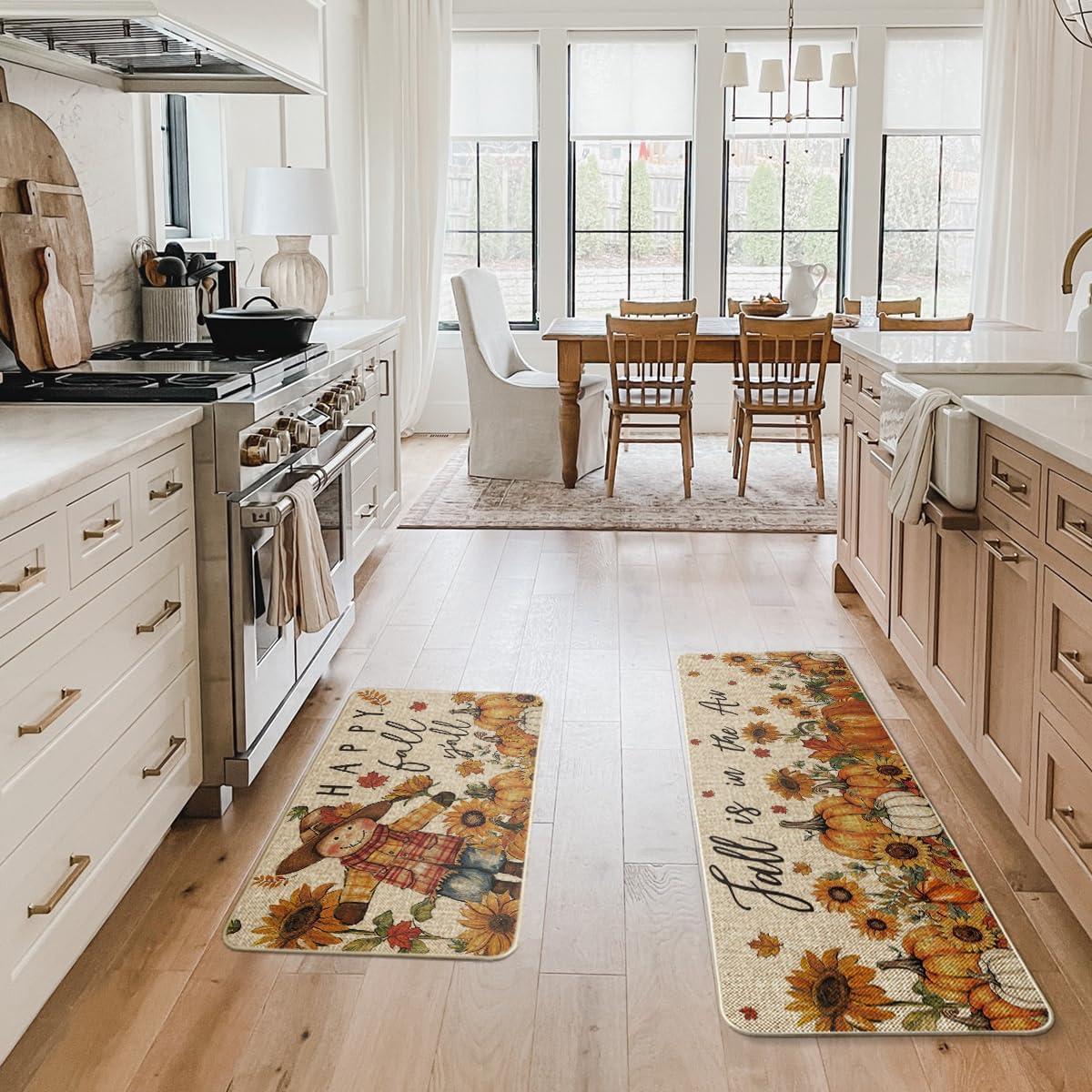 imageArtoid Mode Scarecrow Sunflower Happy Fall Kitchen Mats Set of 2 Autumn Home Decor LowProfile Kitchen Rugs for Floor  17x29 and 17x47 Inch