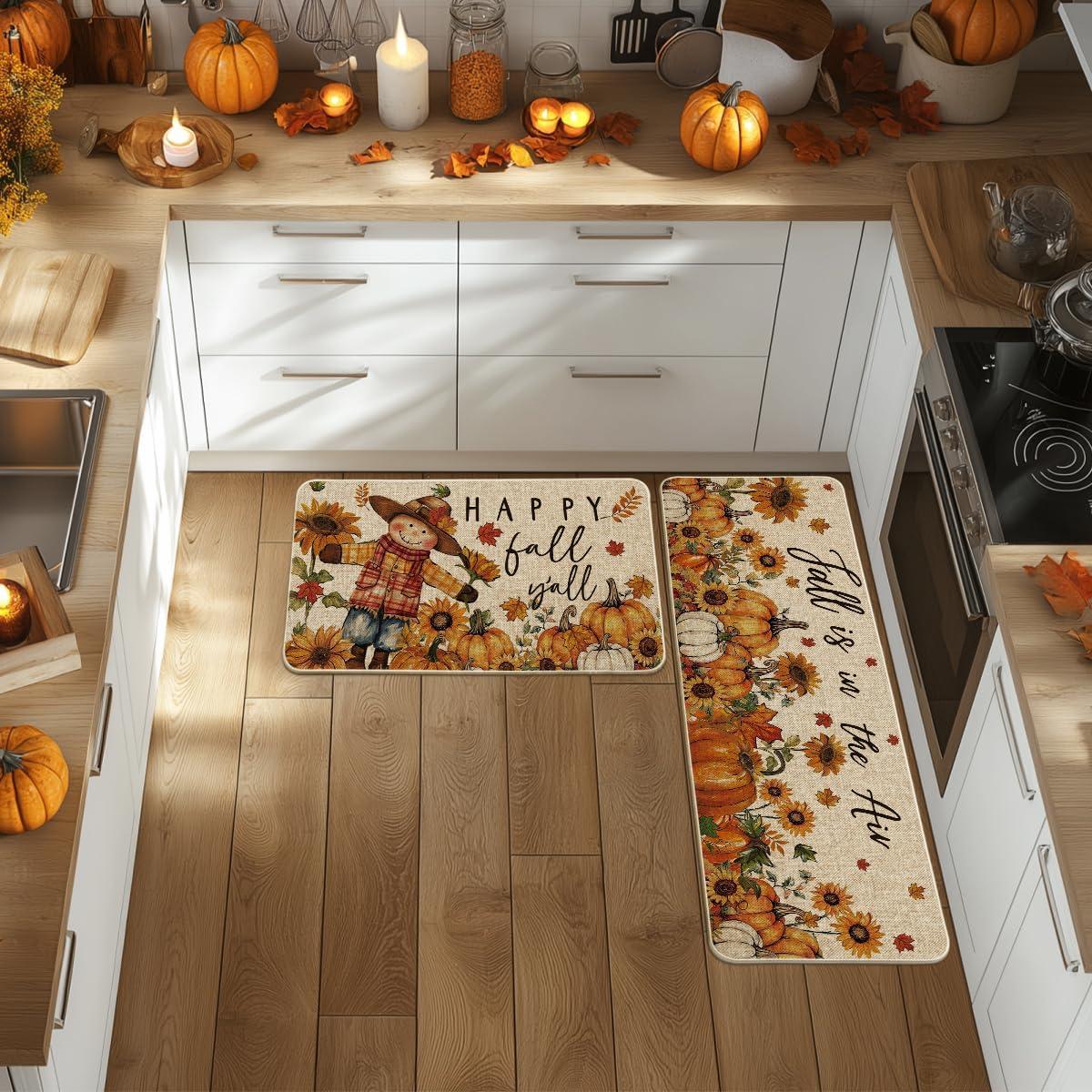 imageArtoid Mode Scarecrow Sunflower Happy Fall Kitchen Mats Set of 2 Autumn Home Decor LowProfile Kitchen Rugs for Floor  17x29 and 17x47 Inch