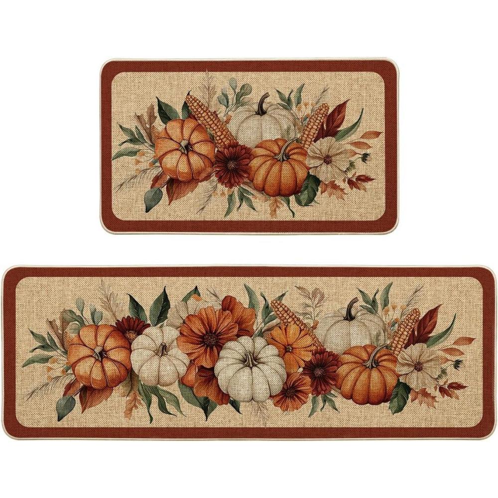 imageArtoid Mode Vintage Corn Flower Pumpkin Fall Kitchen Mats Set of 2 Autumn Home Decor LowProfile Kitchen Rugs for Floor  17x29 and 17x47 Inch