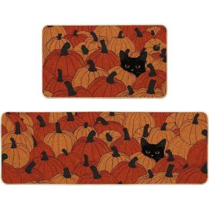 Artoid Mode Black Cat Pumpkin Fall Kitchen Mats Set of 2, Autumn Home Decor Low-Profile Kitchen Rugs for Floor – 17×29 and 17×47 Inch