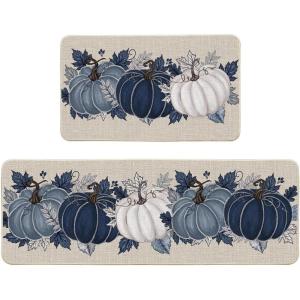 Artoid Mode Black Maple Leaves Pumpkin Fall Kitchen Mats Set of 2, Autumn Home Decor Low-Profile Kitchen Rugs for Floor – 17×29 and 17×47 Inch