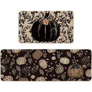 Artoid Mode Black Pumpkin Maple Leaves Fall Kitchen Mats Set of 2, Autumn Home Decor Low-Profile Kitchen Rugs for Floor – 17×29 and 17×47 Inch