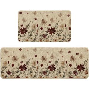 Artoid Mode Black Wildflower Leaves Floral Welcome Fall Kitchen Mats Set of 2, Autumn Home Decor Low-Profile Kitchen Rugs for Floor – 17×29 and 17×47 Inch