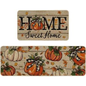 Artoid Mode Home Sweet Home Pumpkin Fall Kitchen Mats Set of 2, Autumn Home Decor Low-Profile Kitchen Rugs for Floor – 17×29 and 17×47 Inch