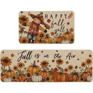 Artoid Mode Scarecrow Sunflower Happy Fall Kitchen Mats Set of 2, Autumn Home Decor Low-Profile Kitchen Rugs for Floor – 17×29 and 17×47 Inch