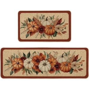 Artoid Mode Vintage Corn Flower Pumpkin Fall Kitchen Mats Set of 2, Autumn Home Decor Low-Profile Kitchen Rugs for Floor – 17×29 and 17×47 Inch
