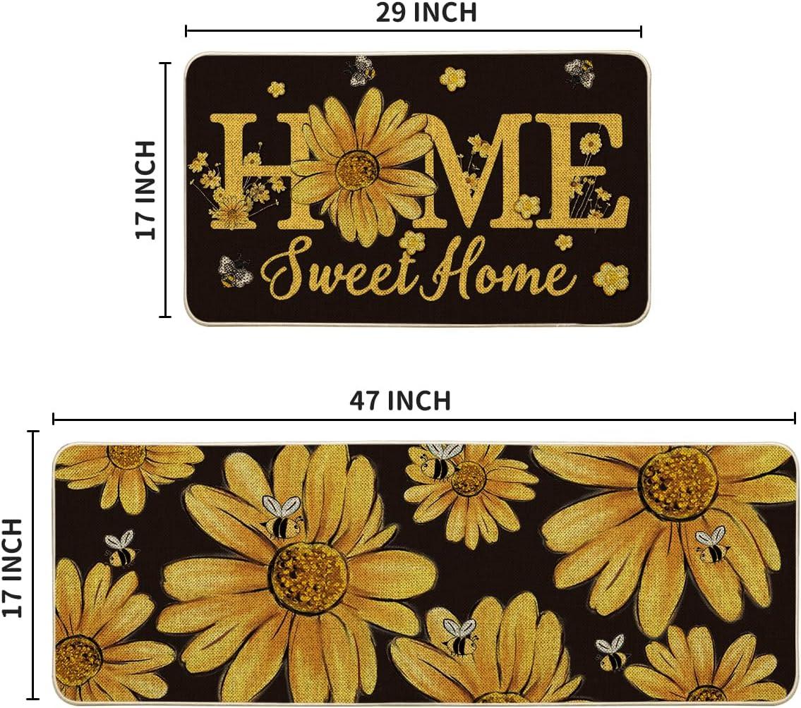 imageArtoid Mode Black Bee Sunflower Daisy Home Spring Kitchen Mats Set of 2 Summer Home Decor LowProfile Kitchen Rugs for Floor 17x29 and 17x47 InchBlack