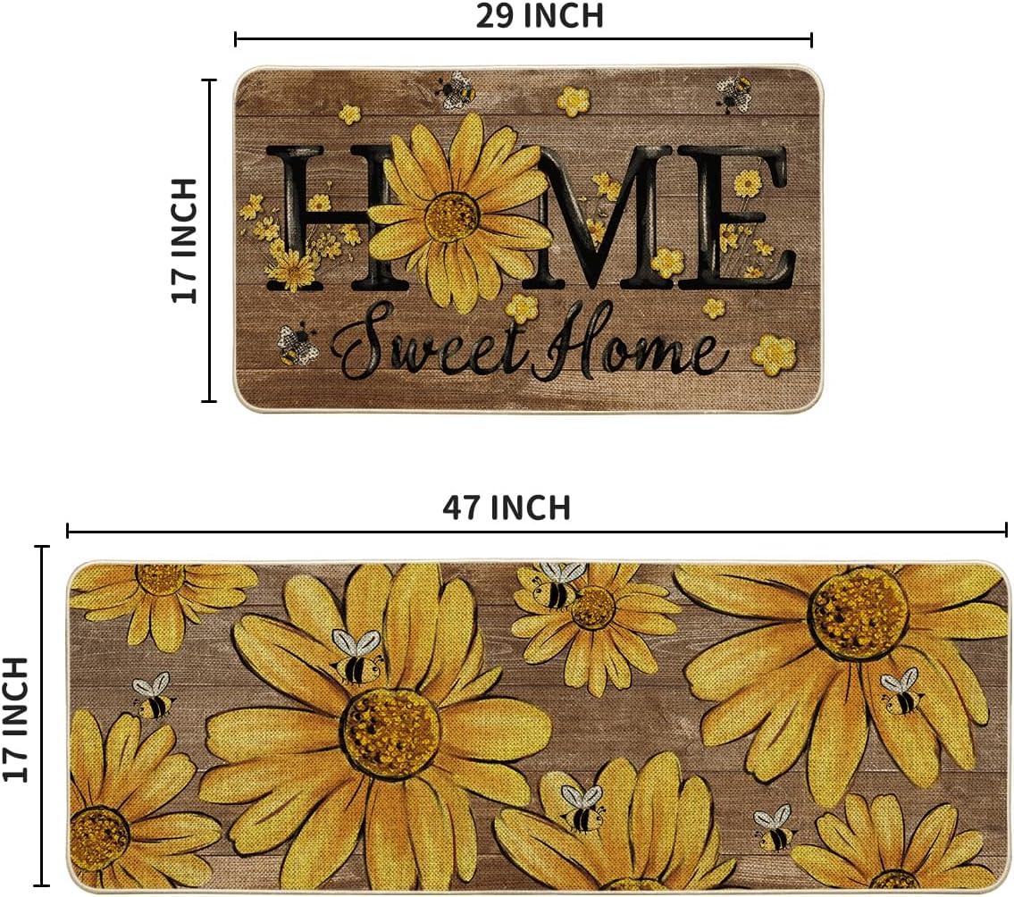 imageArtoid Mode Black Bee Sunflower Daisy Home Spring Kitchen Mats Set of 2 Summer Home Decor LowProfile Kitchen Rugs for Floor 17x29 and 17x47 InchBrown