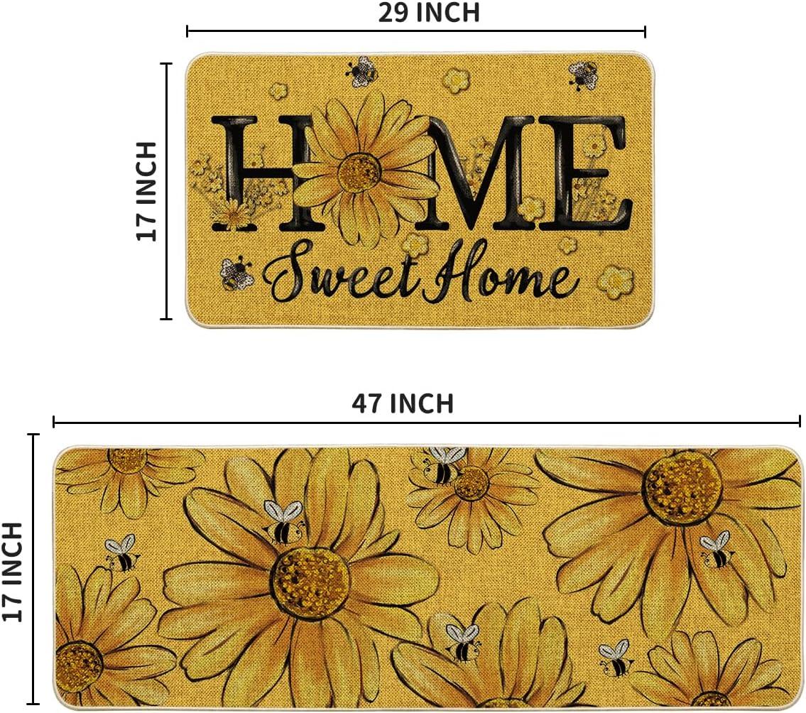 imageArtoid Mode Black Bee Sunflower Daisy Home Spring Kitchen Mats Set of 2 Summer Home Decor LowProfile Kitchen Rugs for Floor 17x29 and 17x47 InchYellow